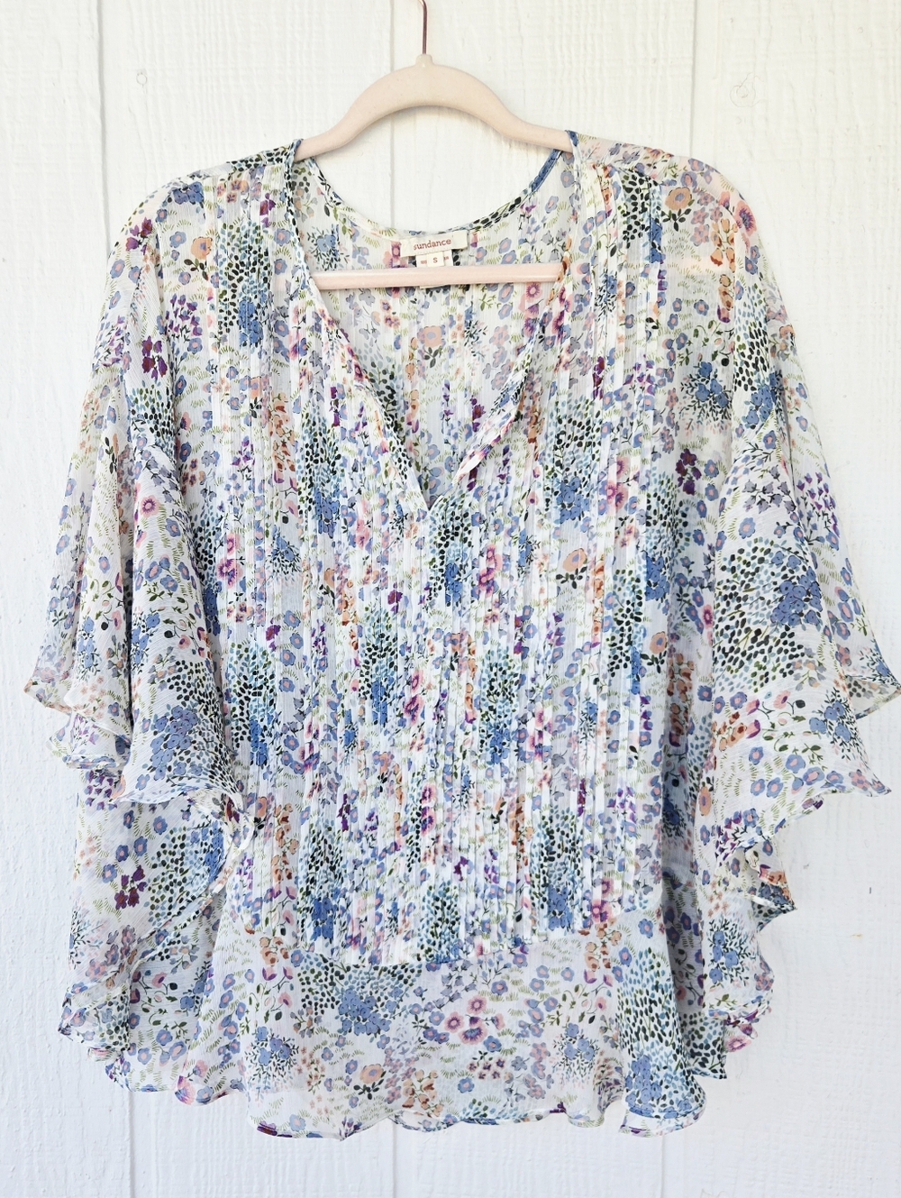 Sundance Sheer Floral Pintuck V Neck Ruffled Poncho Style Peasant Top Small - Picture 2 of 7
